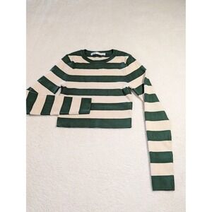 Zara Green Cream Striped‎ Ribbed Knit Cropped Sweater Long Sleeve Small 3519/102